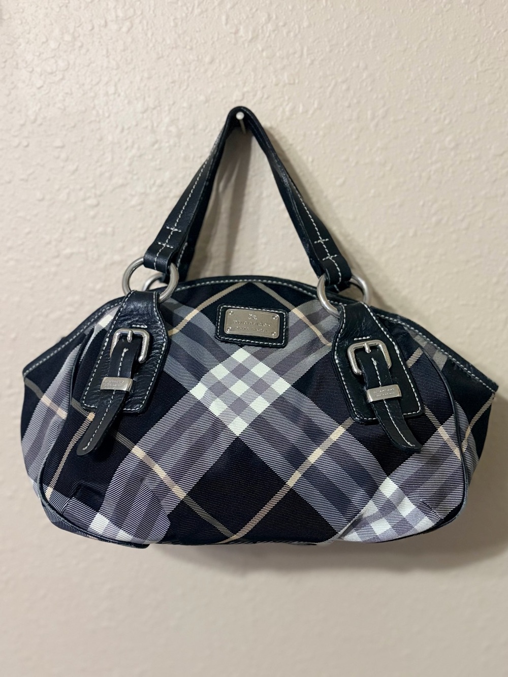 Burberry Black, Grey and Tan Plaid Canvas Shoulder Bag 14 by 9